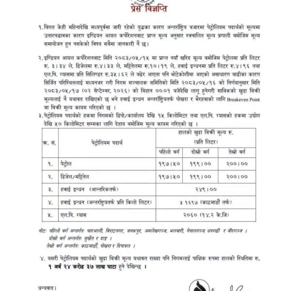 मूल्य बढेर आए पनि पेट्रोलियम पदार्थको खुद्रा बिक्री मूल्य यथावत, निगमलाई १५ दिनमै सवा अर्ब घाटा
